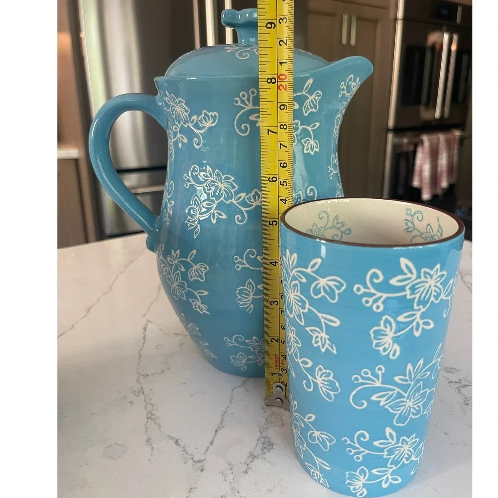 Temp-tations Floral Lace 5pc Ceramic 2qt Pitcher and 16oz Tumbler Set Sky Blue